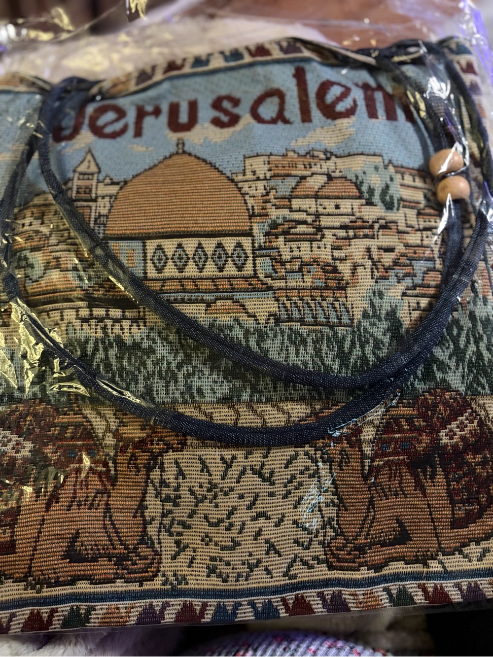 vintage Jerusalem Tapestry tote Bag with Camel Motif approx. 15" x 16"